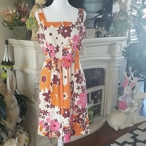 Vibrant Floral Midi Dress - Orange, Pink, Brown